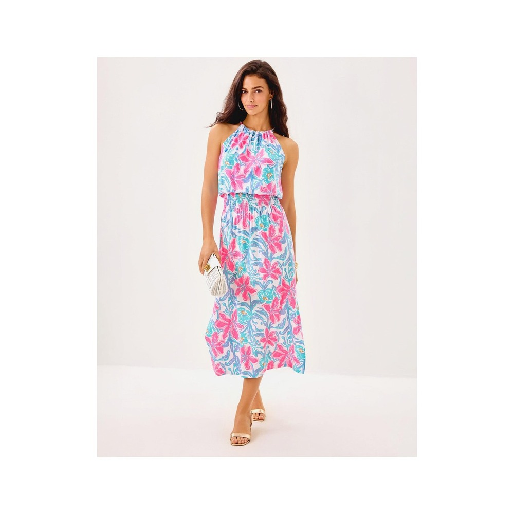 $188 NWT Lilly Pulitzer GRACELYN HALTER MIDI DRESS MULTI BEACHSIDE Pink FloralL